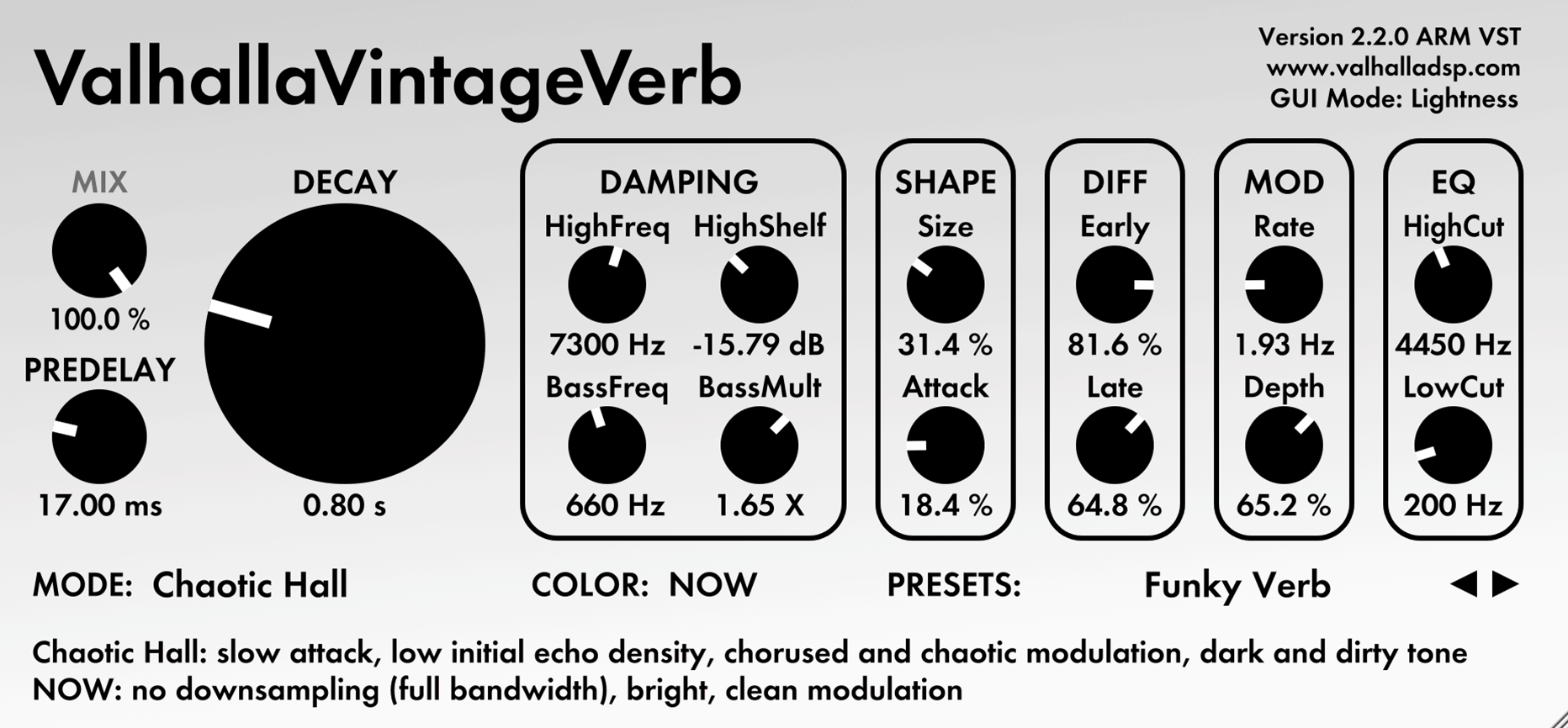 Valhalla VintageVerb in Darkness mode browsing FUSION presets